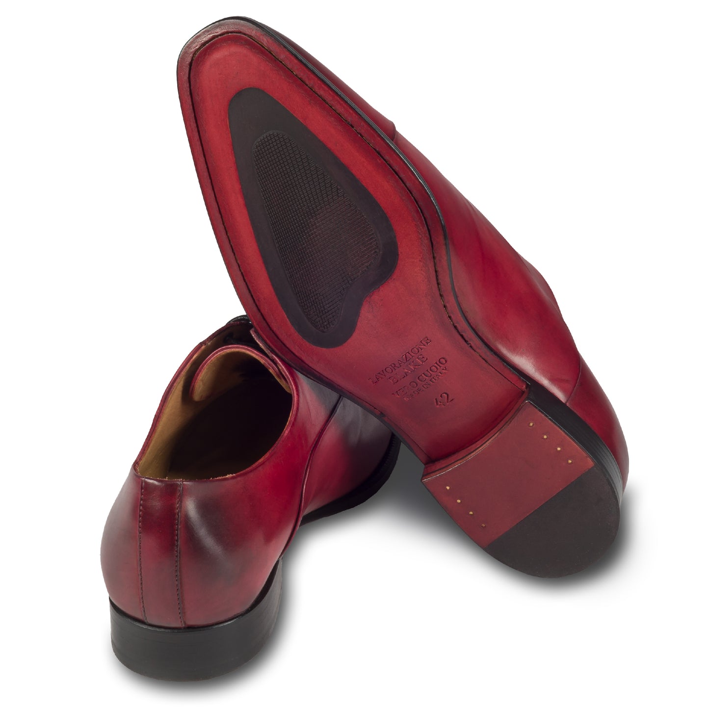 BRECOS Anzugschuhe | Captoe Oxford Schnürer rot, Kalbsleder, durchgenäht, Ansicht Ferse und Sohlenunterseite