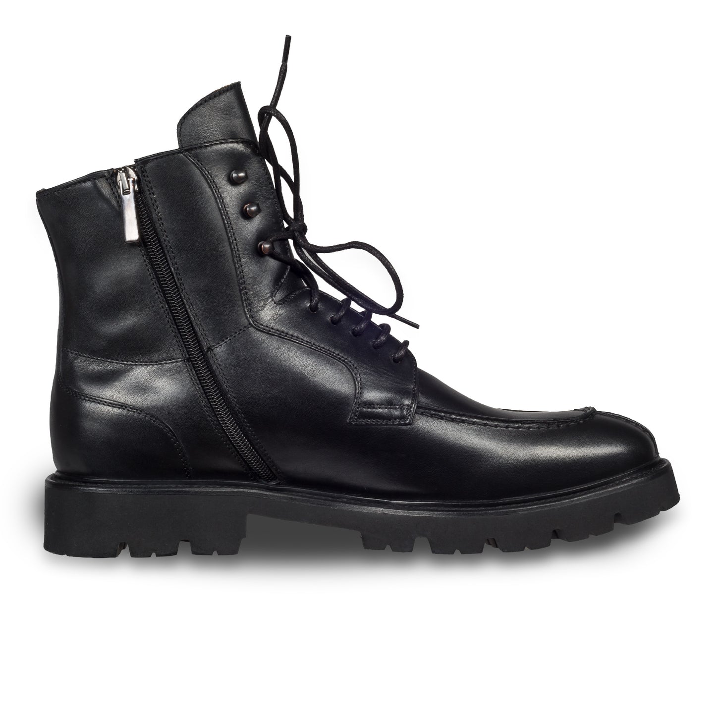 BRECOS - Italienische Herren Kalbsleder Schnür-Stiefelette in schwarz mit Reißverschluß. Mit Gummisohle. Handgefertigt und durchgenäht. Seitliche Ansicht der Innenseite linker Schuh.