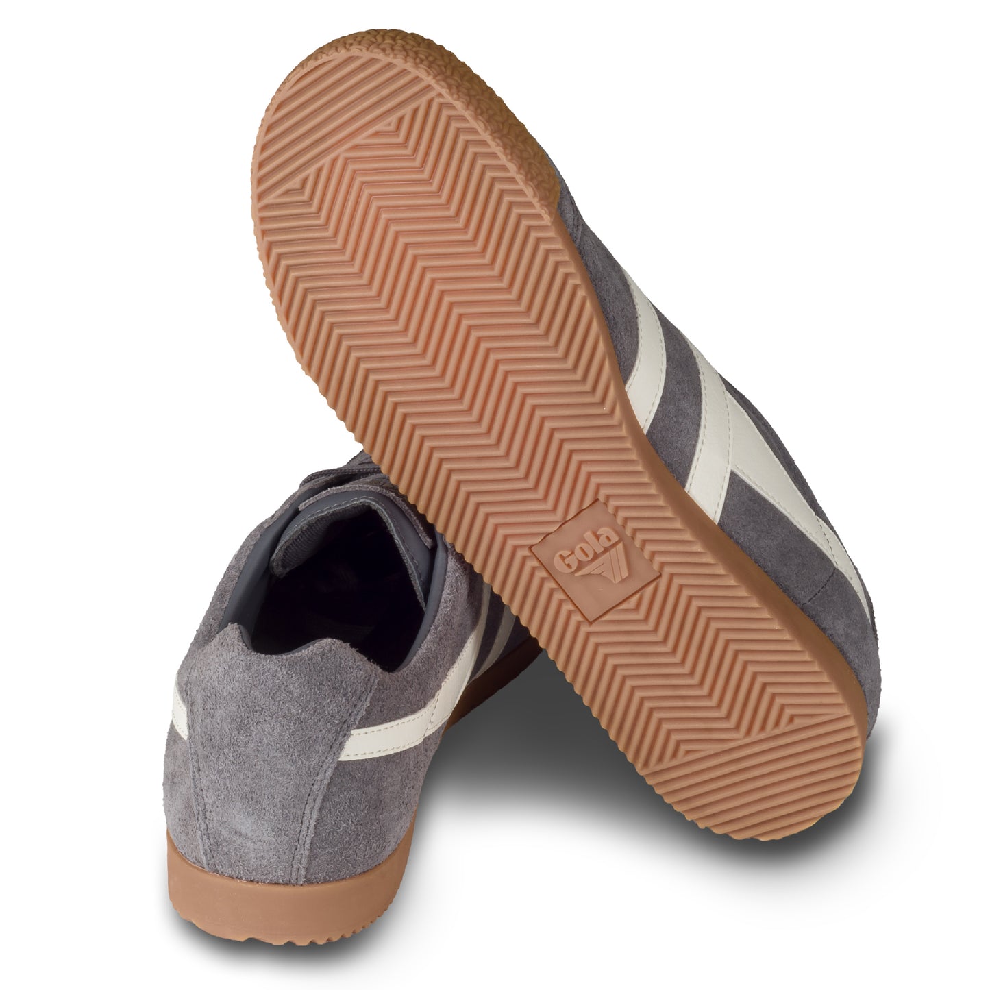 GOLA Herren Sneaker Harrier Suede, grau/weiß. Modell CMA192 Ash/Ecru. Ansicht der Ferse und Sohlenunterseite.