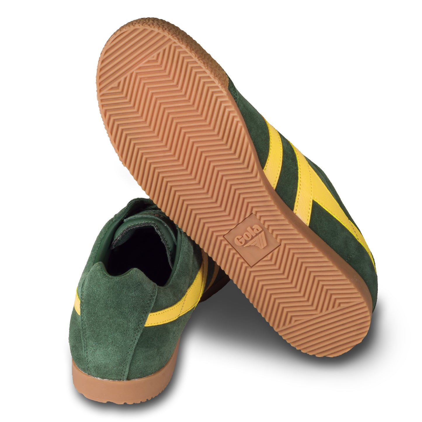 GOLA Herren Sneaker Harrier Suede, grün/gelb. Modell CMA192 Evergreen/Sun. Ansicht der Ferse und Sohlenunterseite.