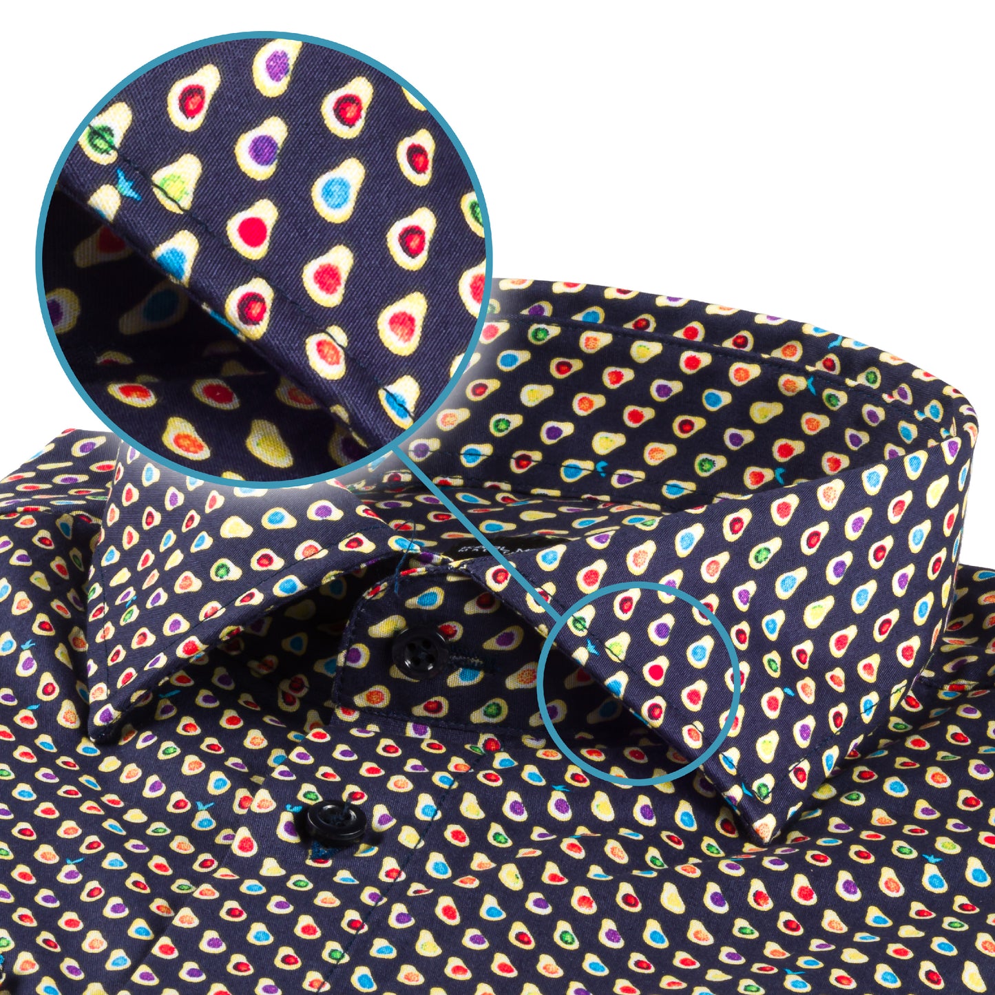 Italienisches Designer Langarm Herren-Hemd von KARL MOMMOO in blau / bunt gemustert. Aus Baumwolle mit Elasthan in der Regular Fit Passform. Gefertigt in Italien. Detailansicht Kragen und Material bzw. Muster.