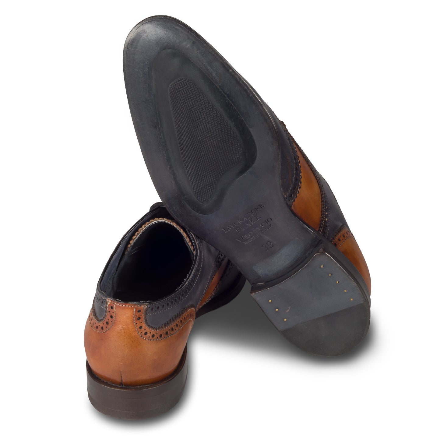BRECOS Italienische Herren Anzugschuhe Budapester aus Kalbsleder, zweifarbig blau/braun, handgefertigt. Ansicht Sohle und Ferse