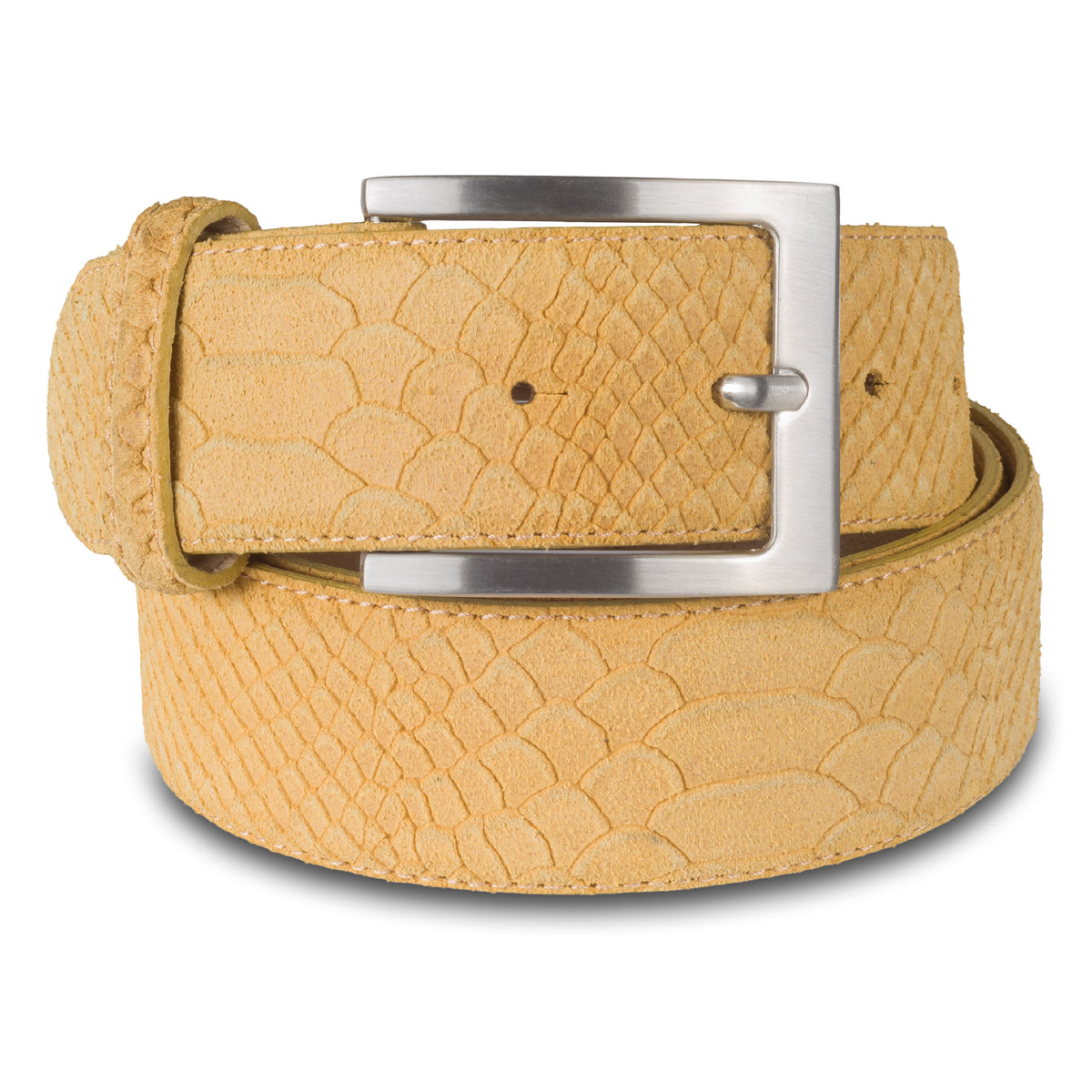 Ledergürtel hellbraun / beige aus Velourlseder (Wildleder) in originalgetreuer Reptiloptik mit hochwertiger Naht. Schließe silber mattiert, Breite 4 cm. Länge kürzbar