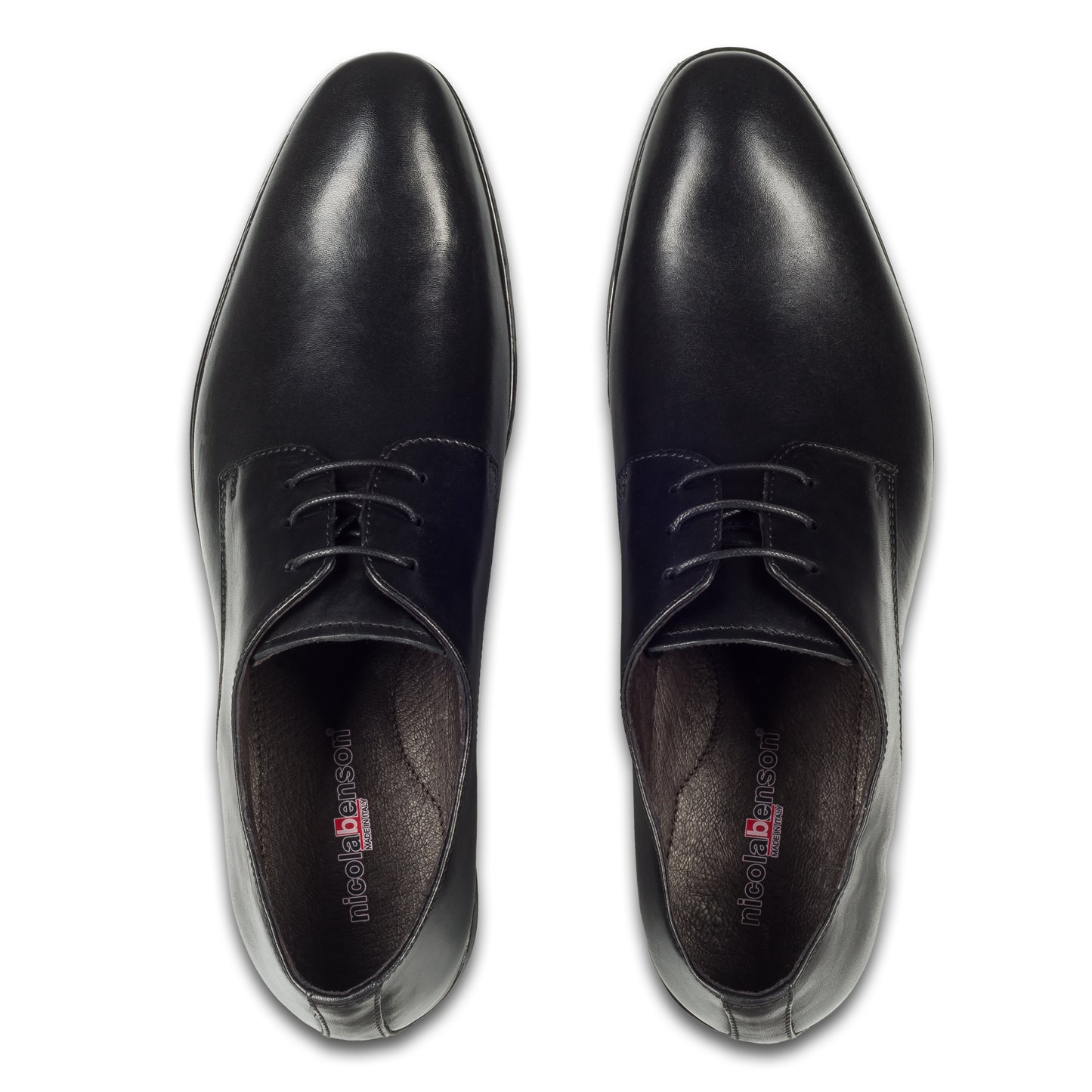 Nicola Benson Anzugschuhe Herren, Plain Derby Schnürer schwarz - Kalbsleder, handgefertigt. Made in Italy. Paarweise Draufsicht von oben.