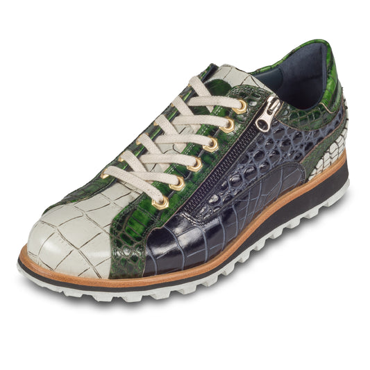 Lorenzi | Leder-Sneaker in grün / weiß / schwarz mit Reptil-Prägung, Reißverschluß, handgefertigt