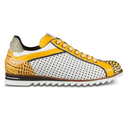 LORENZI Sneaker Herren weiß/gelb - Reptilprägung & Perforierung, Kalbsleder, handgefertigt