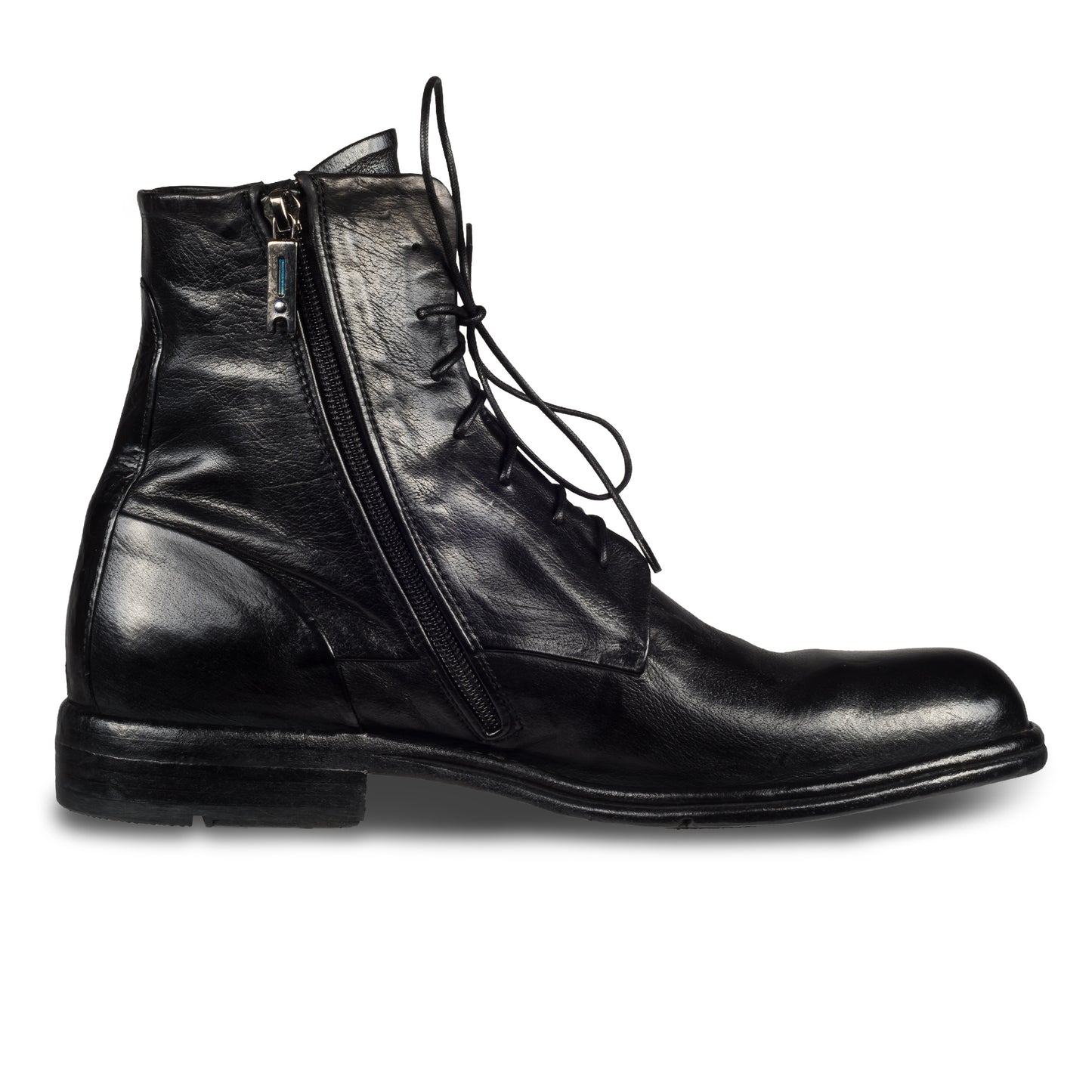 LEMARGO | Leder Schnür-Boots in schwarz mit Reißverschluß, stone-washed. Durchgenäht