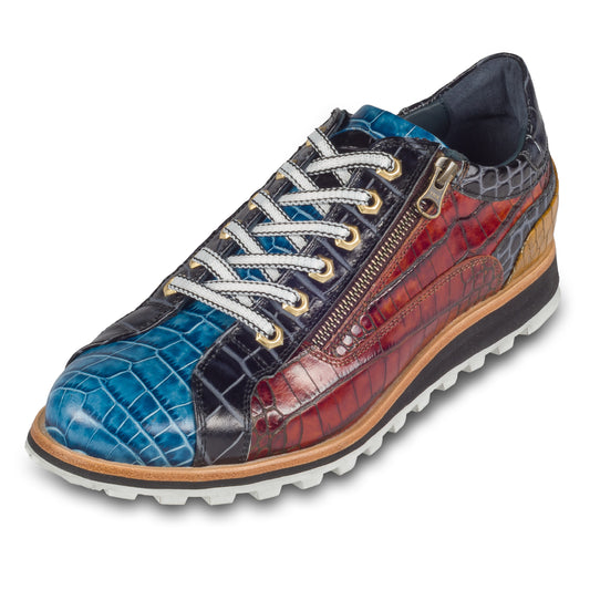Lorenzi | Leder-Sneaker in blau / braun / schwarz mit Kroko-Prägung, Reißverschluß, handgefertigt