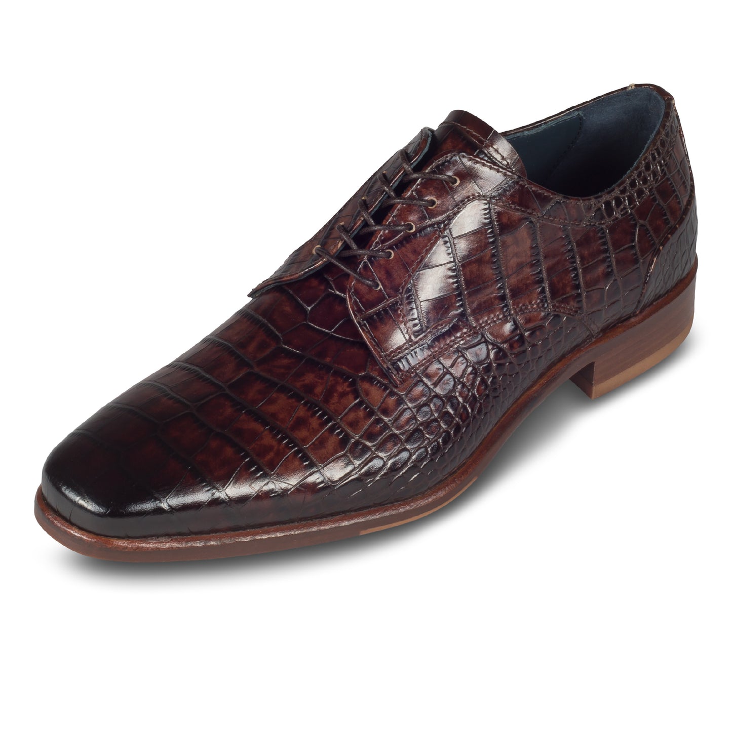 LORENZI Anzugschuhe | Derby Schnürer braun - Kalbsleder in Kroko-Optik, durchgenäht