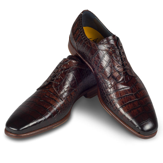 LORENZI Anzugschuhe | Derby Schnürer braun - Kalbsleder in Kroko-Optik, durchgenäht