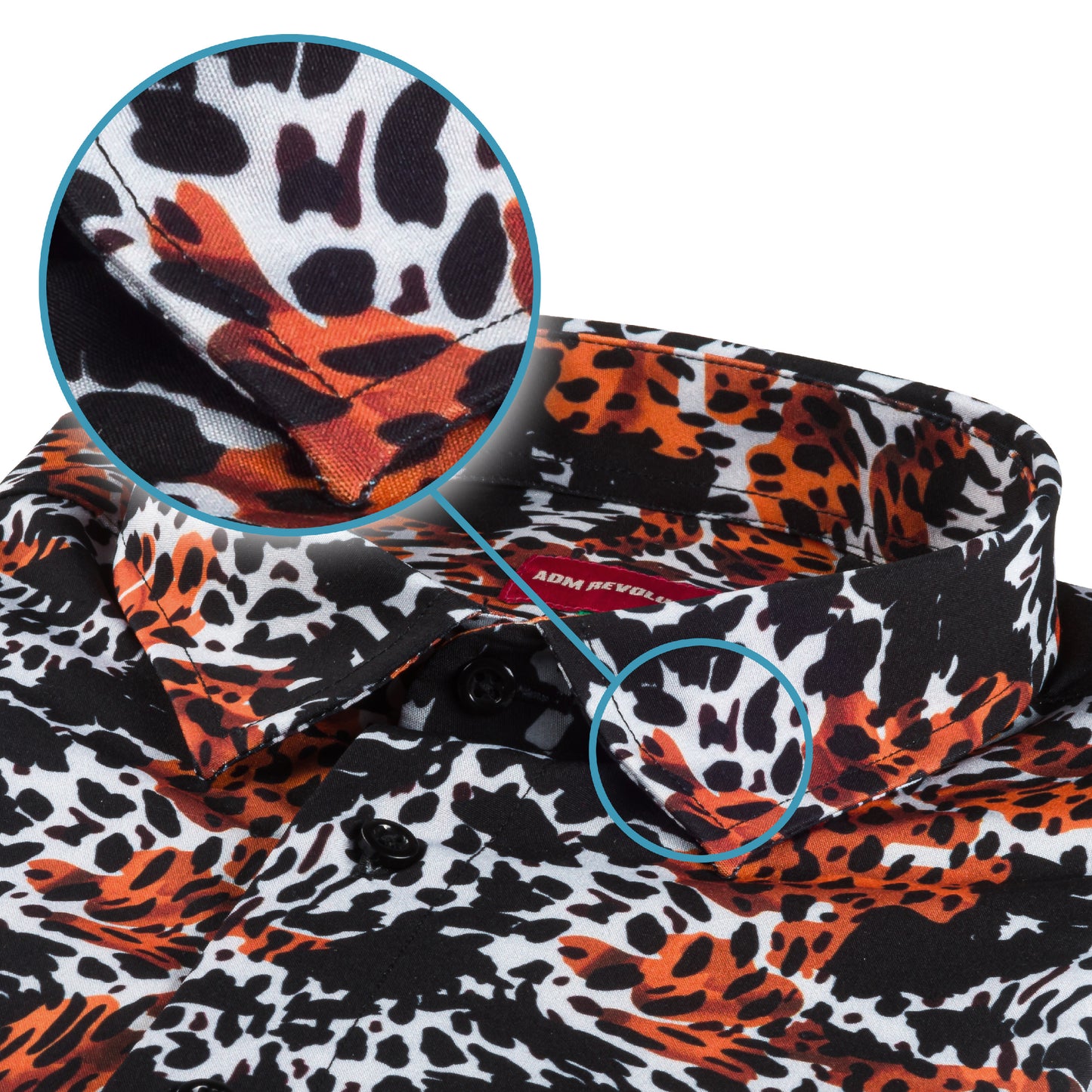 Italienisches Kurzarm Herren-Hemd von ADAMUS im Animal-Print, in orange/schwarz/weiß. Aus Viscose in der Modern Fit-Passform. Gefertigt in Italien. Detailansicht Kragen und Material bzw. Muster.