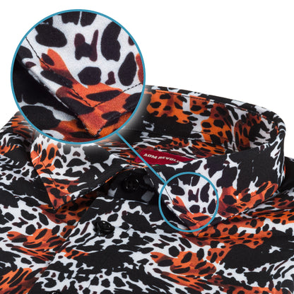 Italienisches Kurzarm Herren-Hemd von ADAMUS im Animal-Print, in orange/schwarz/weiß. Aus Viscose in der Modern Fit-Passform. Gefertigt in Italien. Detailansicht Kragen und Material bzw. Muster.