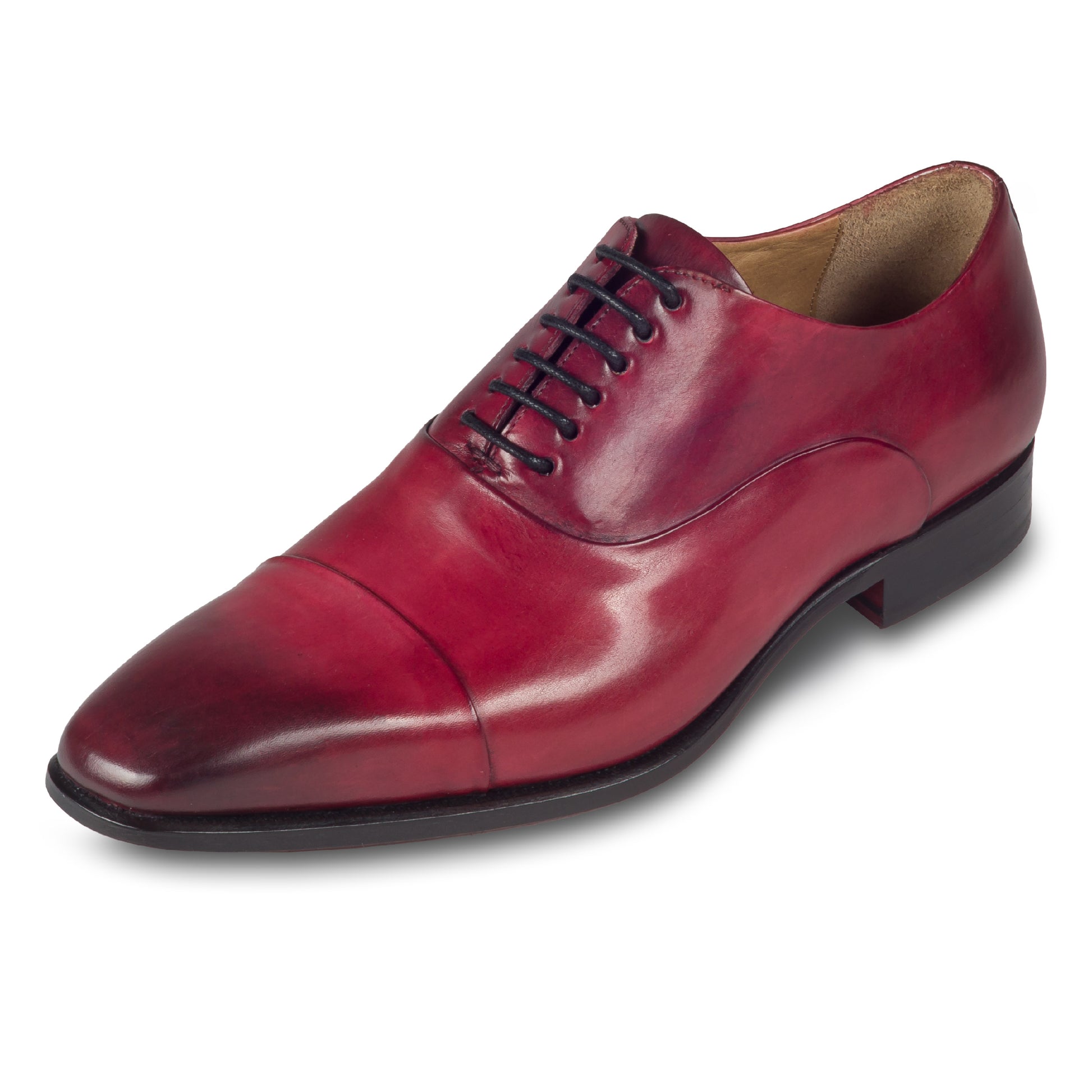 BRECOS Anzugschuhe | Captoe Oxford Schnürer rot, Kalbsleder, durchgenäht, Ansicht linker Schuh schräg