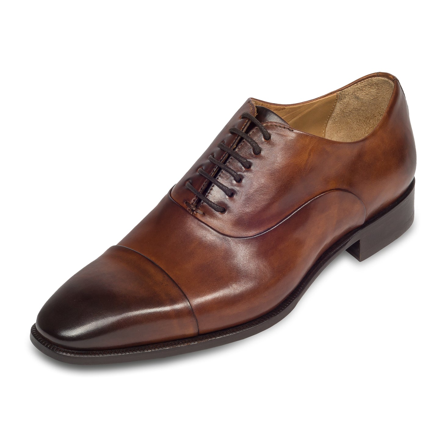 BRECOS Anzugschuhe | Captoe Oxford braun, Kalbsleder Schnürer. Ansicht linker Schuh schräg