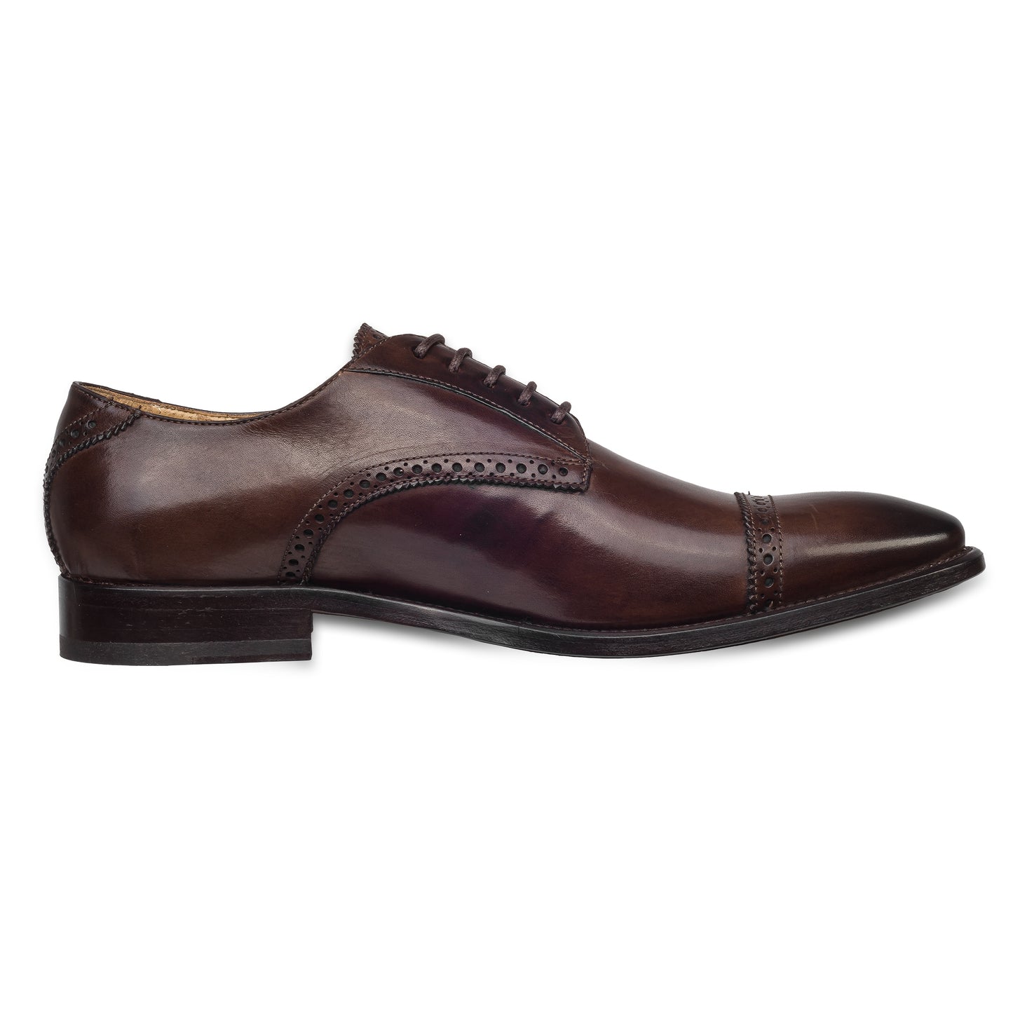 BRECOS Anzugschuhe | Quarter-Brogue Derby dunkelbraun, Kalbsleder. Ansicht Innenseite linker Schuh