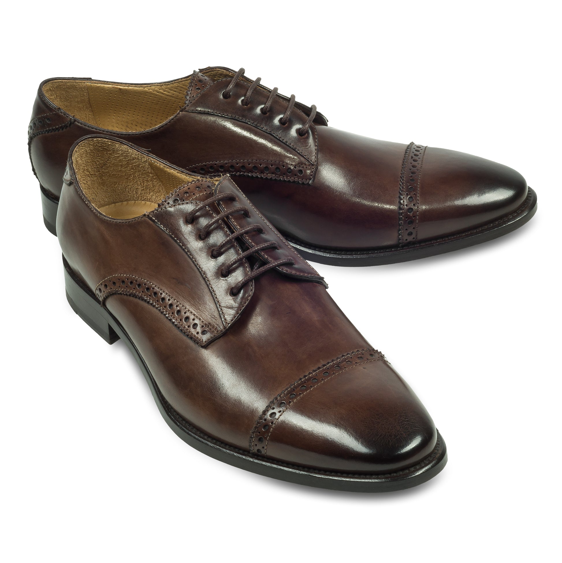 BRECOS Anzugschuhe | Quarter-Brogue Derby dunkelbraun, Kalbsleder. Ansicht paarweise