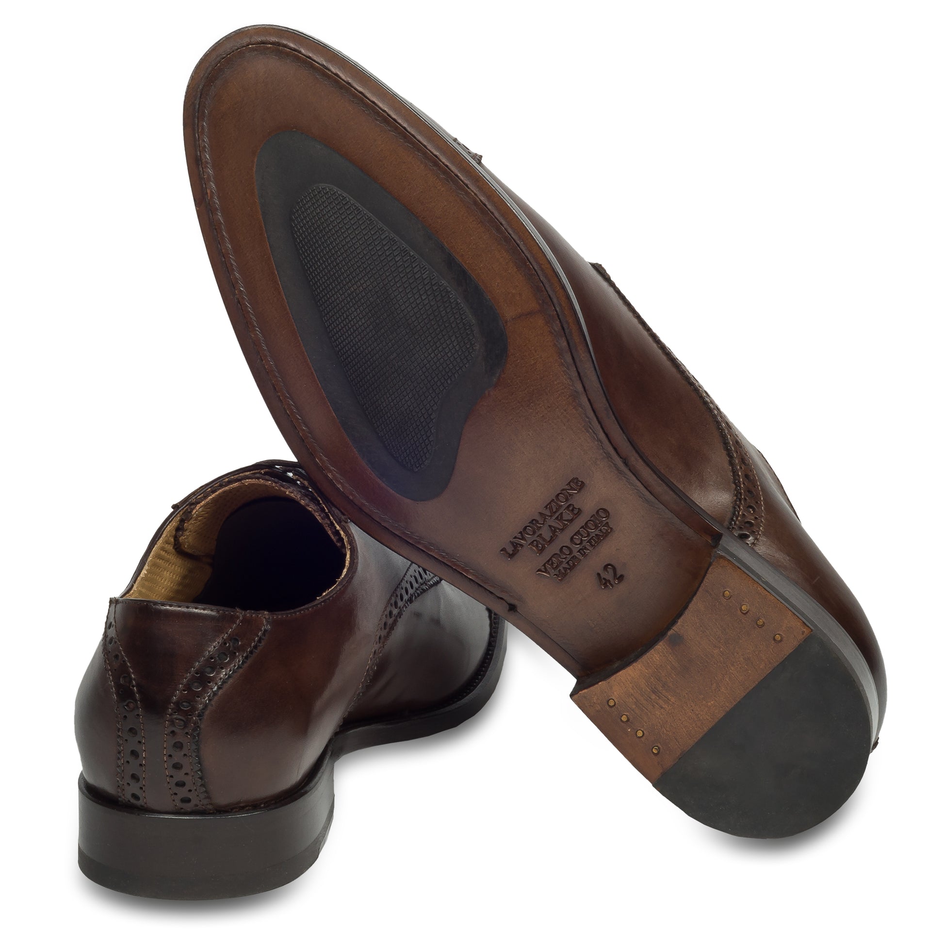 BRECOS Anzugschuhe | Quarter-Brogue Derby dunkelbraun, Kalbsleder. Ansicht Ferse und Sohle