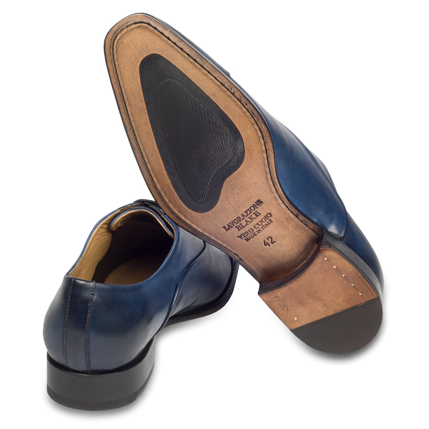 Brecos Anzugschuh,  durchgenähter Captoe Oxford in blau. Ansicht Ferse und Sohle