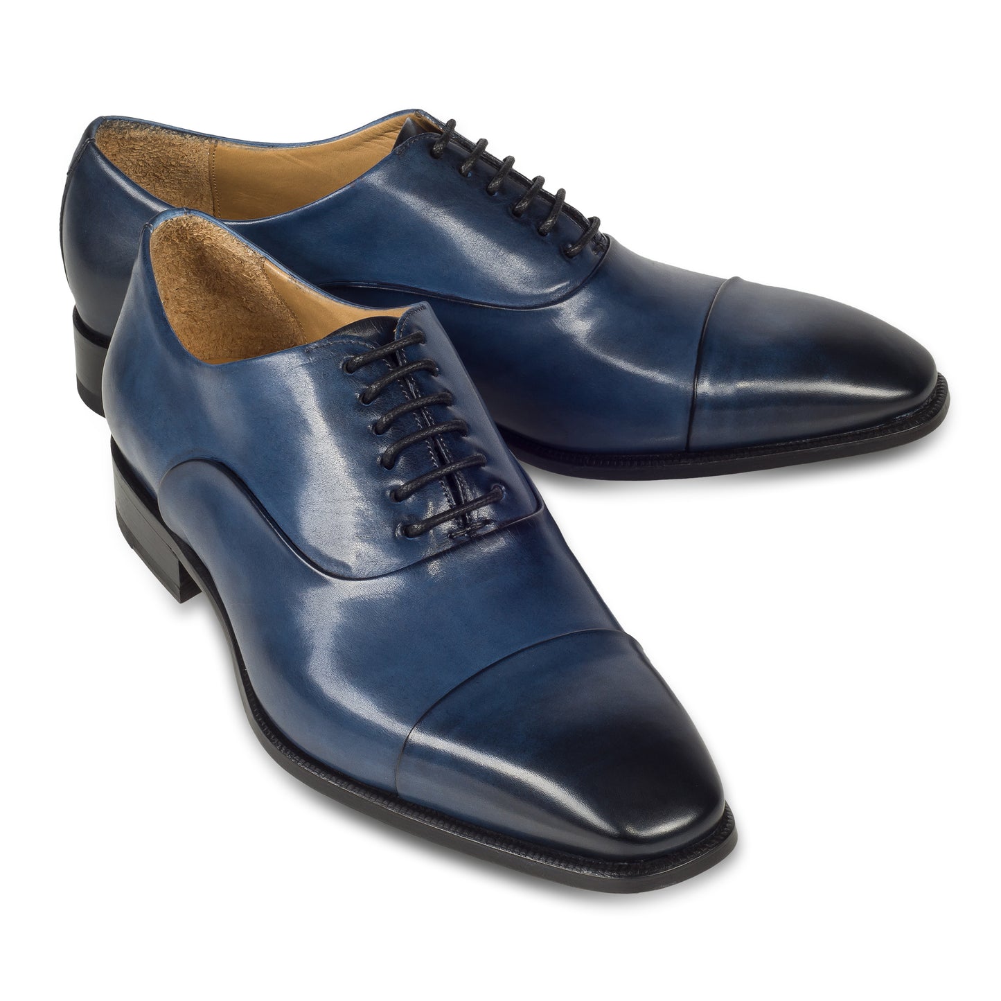 Brecos Anzugschuh,  durchgenähter Captoe Oxford in blau. Ansicht paarweise