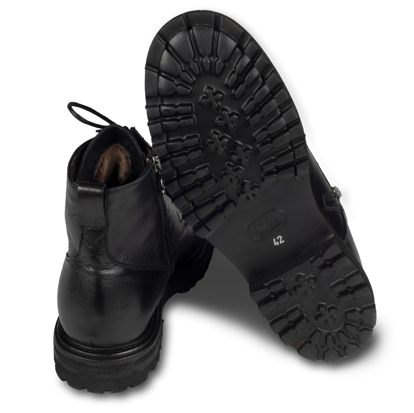 BRECOS - Italienische Herren Schnür-Stiefelette in schwarz mit Reißverschluß. Aus Kalbsleder und mit Lammfell gefüttert. Handgefertigt und durchgenäht. Ansicht der Ferse und Sohlenunterseite.