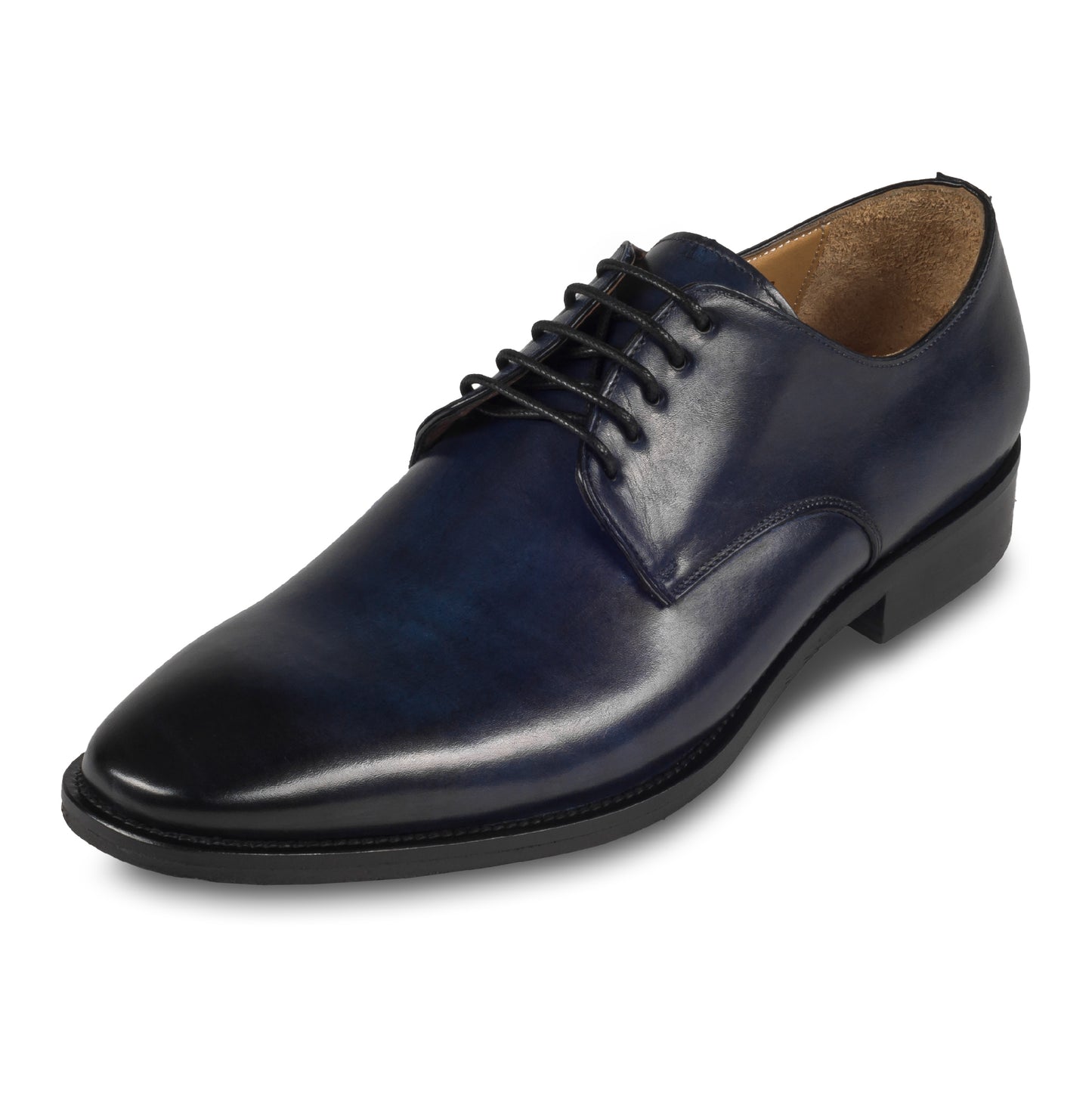 BRECOS – Italienische Herren Anzugschuhe, Plain Derby Schnürer in dunkel blau. Handgefertigt und durchgenäht. Schräge Ansicht linker Schuh.