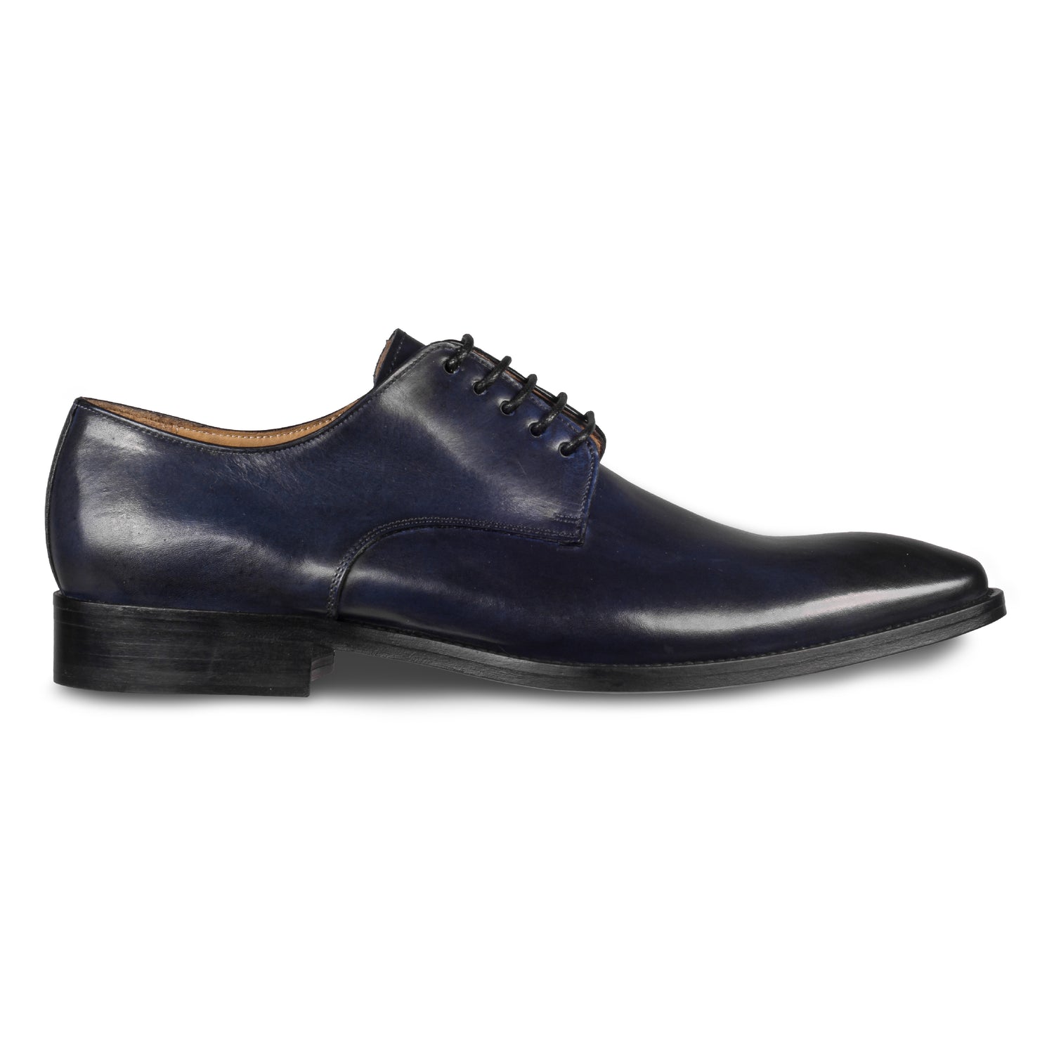 BRECOS – Italienische Herren Anzugschuhe, Plain Derby Schnürer in dunkel blau. Handgefertigt und durchgenäht. Seitliche Ansicht der Außenseite rechter Schuh.