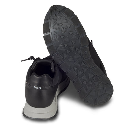 CETTI Herren Sneaker schwarz, Leder mit Mesh, Modell C-1353 rustic-mesh-negro. Handgefertigt in Spanien. Ansicht Ferse und Sohle