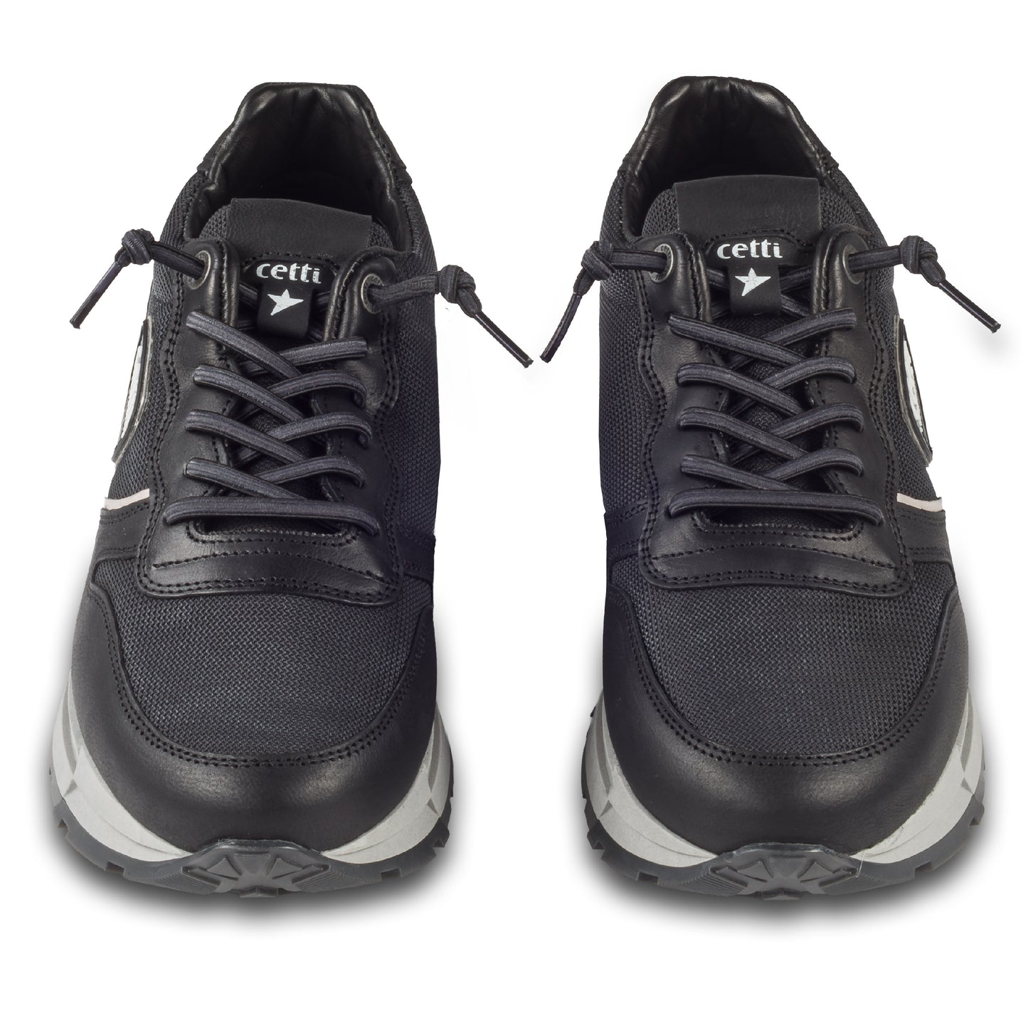 CETTI Herren Sneaker schwarz, Leder mit Mesh, Modell C-1353 rustic-mesh-negro. Handgefertigt in Spanien. Paarweise Ansicht von vorne