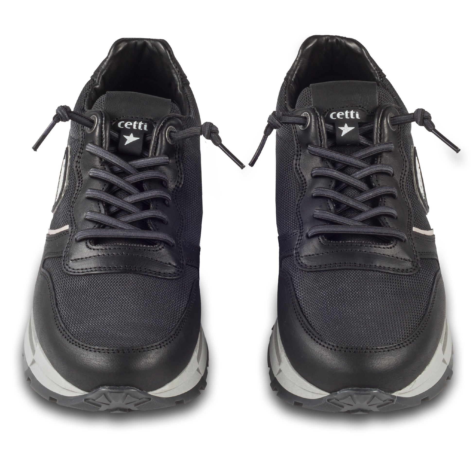 CETTI Herren Sneaker schwarz, Leder mit Mesh, Modell C-1353 rustic-mesh-negro. Handgefertigt in Spanien. Paarweise Ansicht von vorne