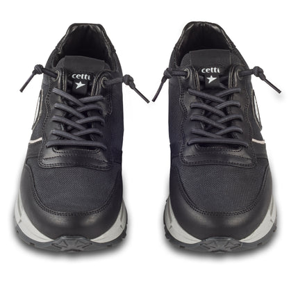 CETTI Herren Sneaker schwarz, Leder mit Mesh, Modell C-1353 rustic-mesh-negro. Handgefertigt in Spanien. Paarweise Ansicht von vorne