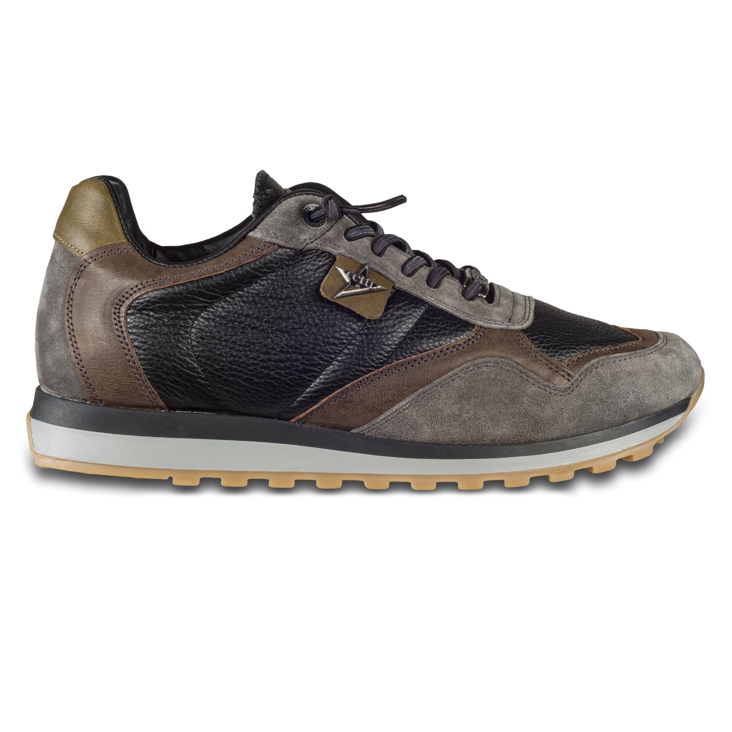 CETTI Herren Leder Sneaker in schwarz/braun/grau. Modell C-848 ante-napa-negro. Handgefertigt in Spanien. Ansicht Außenseite rechter Schuh