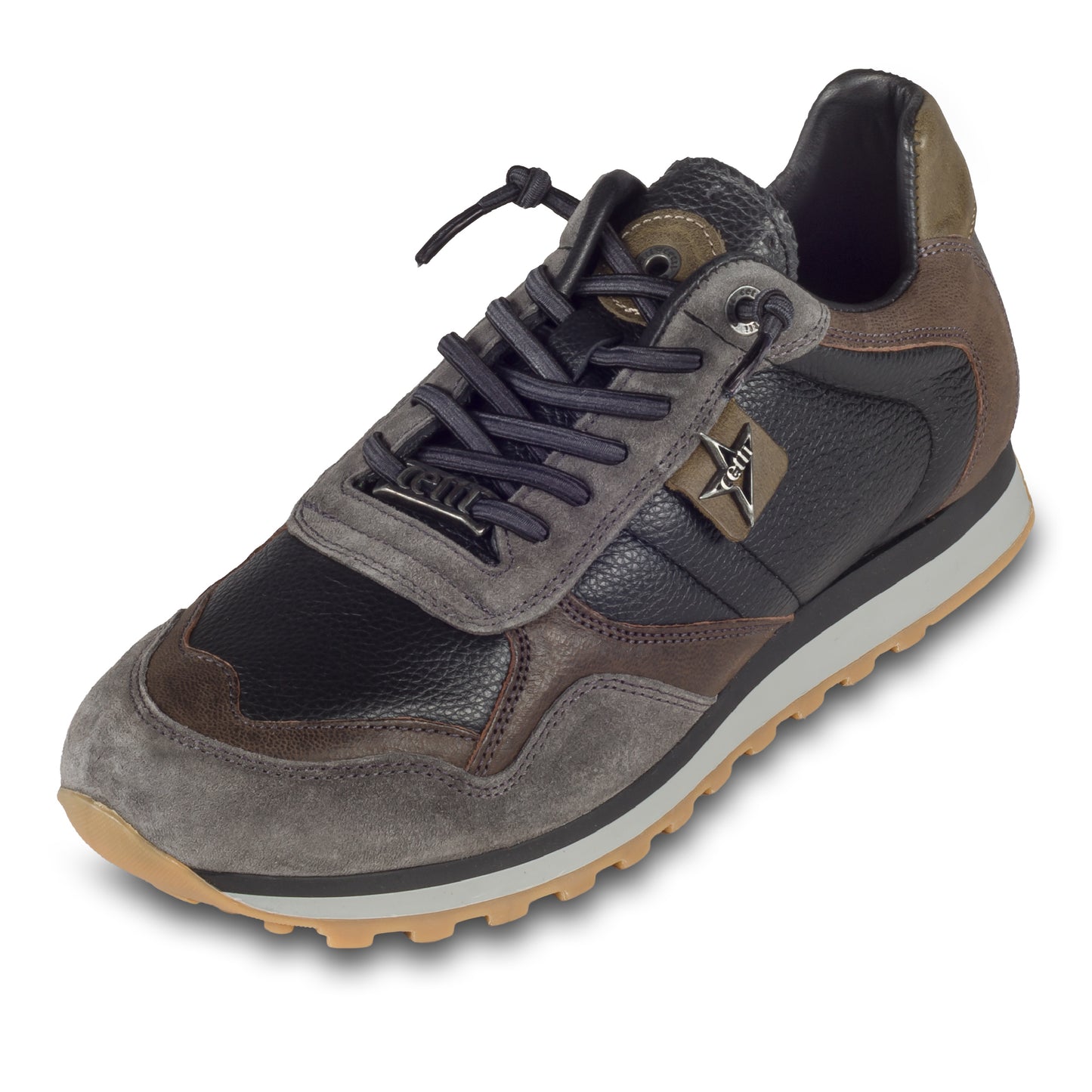 CETTI Herren Leder Sneaker in schwarz/braun/grau. Modell C-848 ante-napa-negro. Handgefertigt in Spanien. Schräge Ansicht linker Schuh
