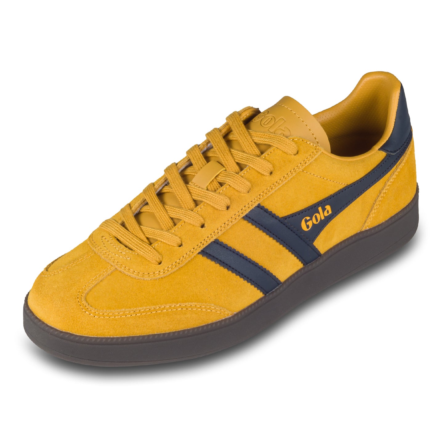 GOLA Herren Sneaker Viper gelb/blau, Wildleder. Modell CMB735 Sun/Navy/Dark Gum. Schräge Ansicht linker Schuh. 