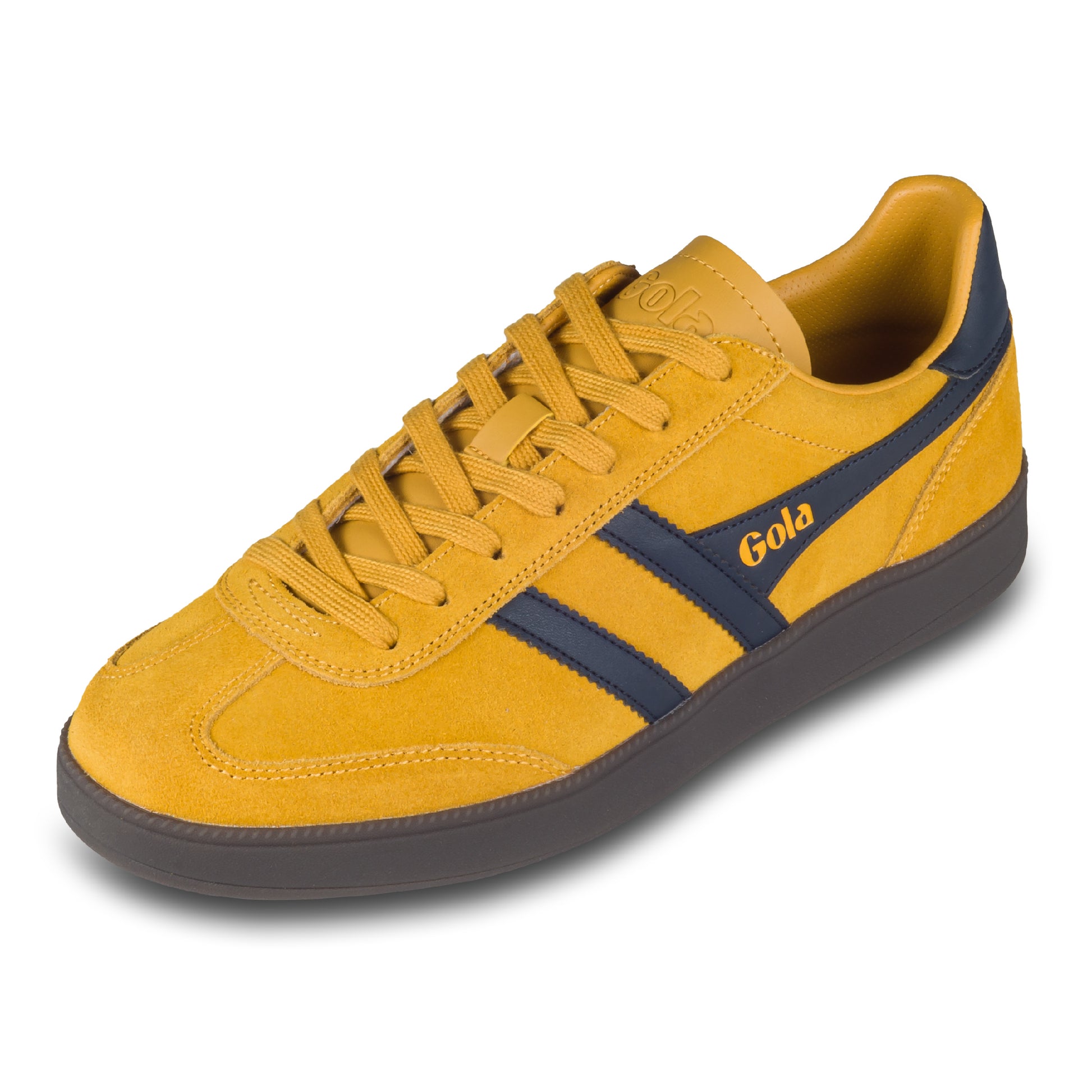 GOLA Herren Sneaker Viper gelb/blau, Wildleder. Modell CMB735 Sun/Navy/Dark Gum. Schräge Ansicht linker Schuh. 