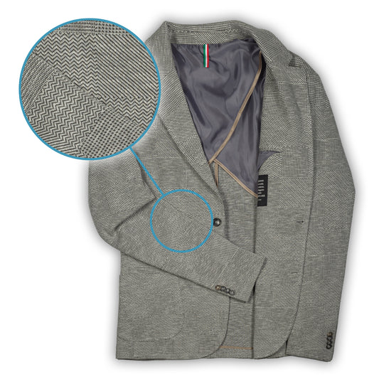 KARL MOMMOO Italienisches Herren-Sakko, hellgrau mit dunkelgrau gemustert, Viskose und Baumwolle. Ansicht Vorderseite und Detail