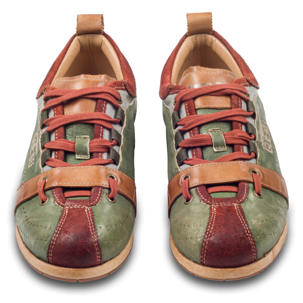 KAMO-GUTSU Herren Sneaker, grün-braun, Glattleder mit Wildleder, Retro-Optik, Modell TIFO-017 mattone + menta, paarweise Ansicht von vorne