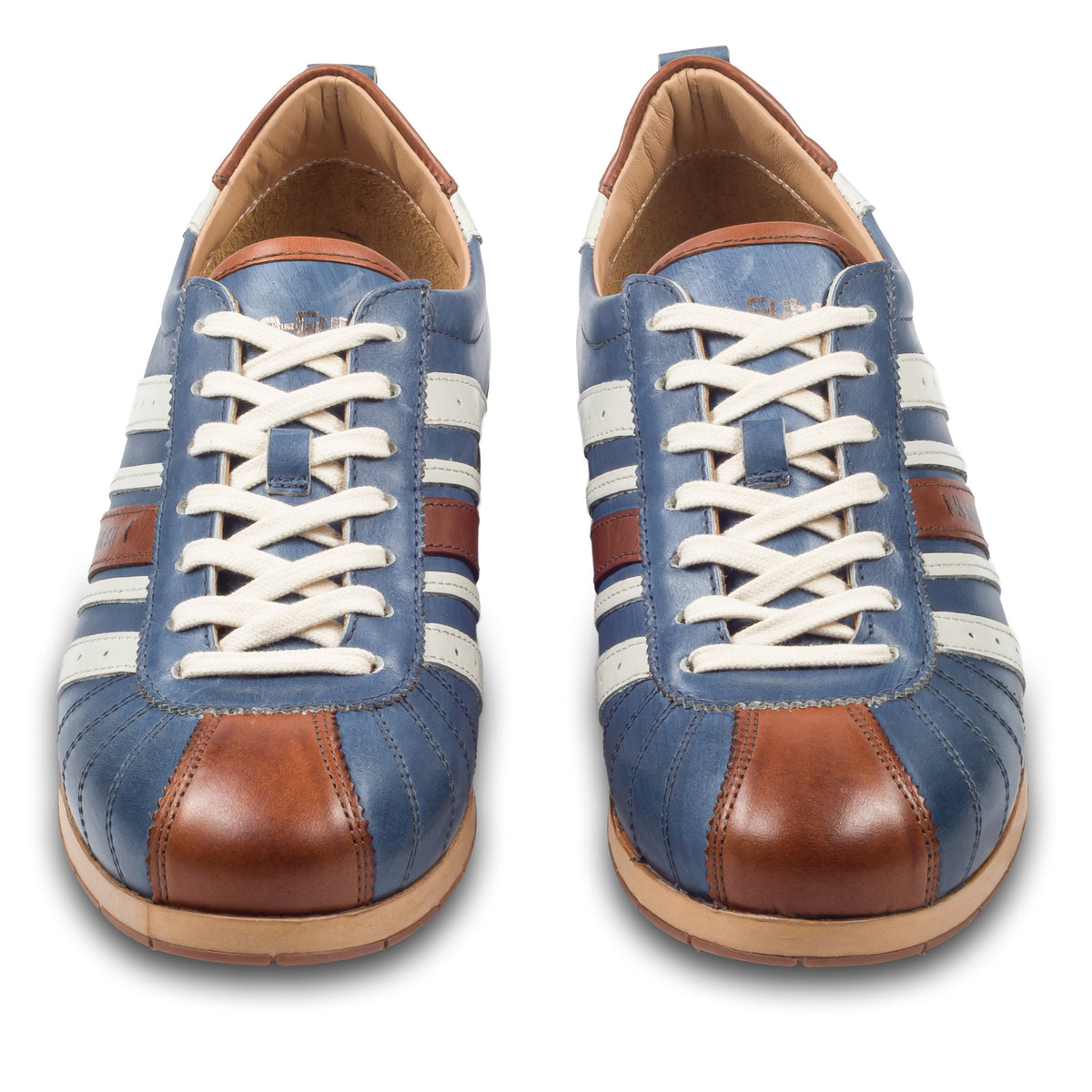 KAMO-GUTSU Herren Sneaker, Kalbsleder, blau-braun Retro-Optik, Modell TIFO-049 ginepro cognac, paarweise Ansicht von vorne