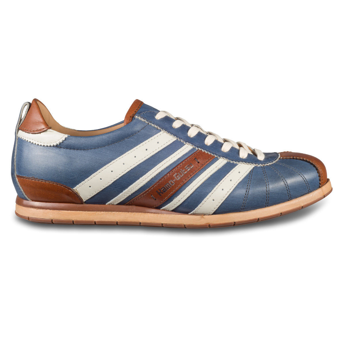 KAMO-GUTSU Herren Sneaker, Kalbsleder, blau-braun Retro-Optik, Modell TIFO-049 ginepro cognac, Ansicht Außenseite rechter Schuh