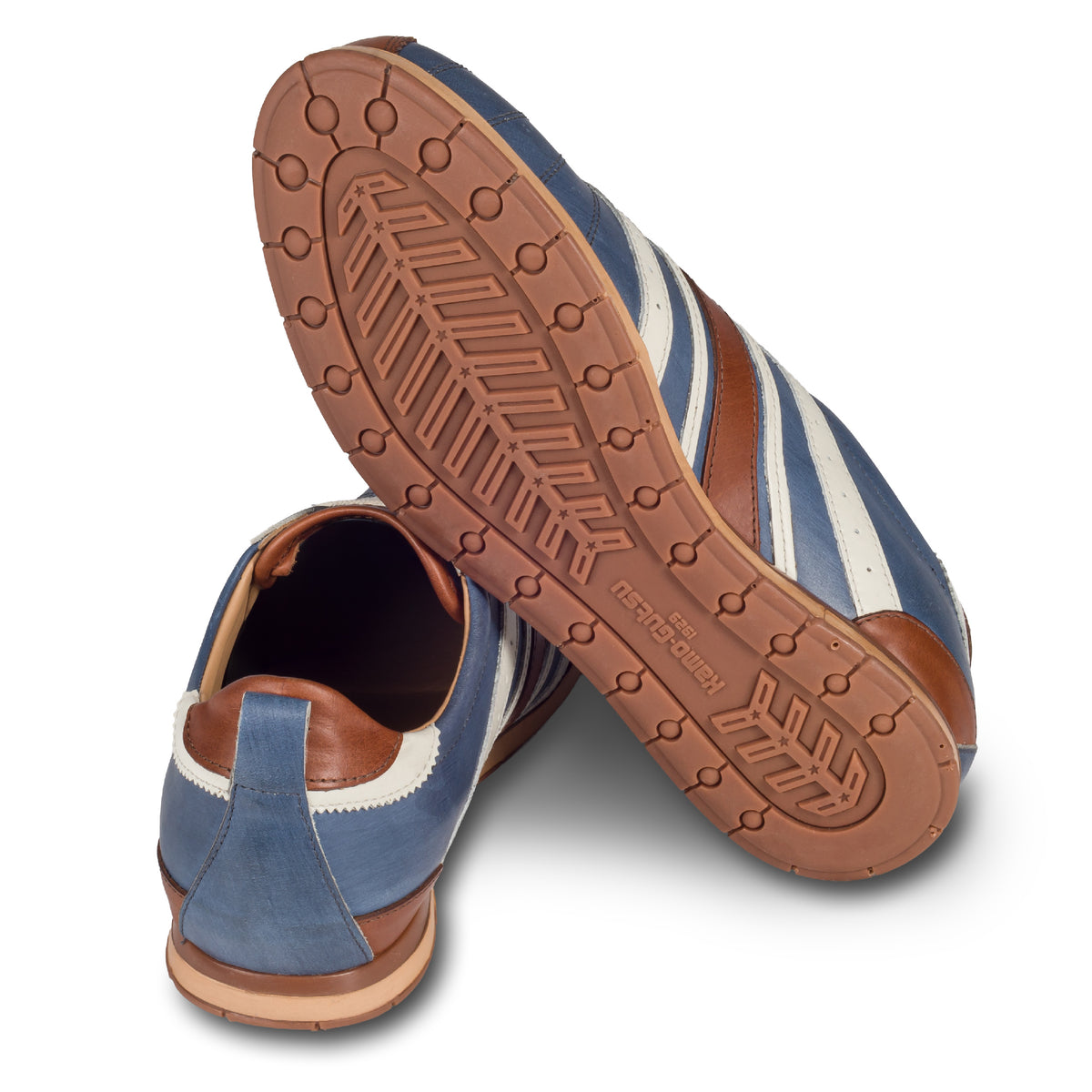 KAMO-GUTSU Herren Sneaker, Kalbsleder, blau-braun Retro-Optik, Modell TIFO-049 ginepro cognac, Ansicht Sohle und Ferse
