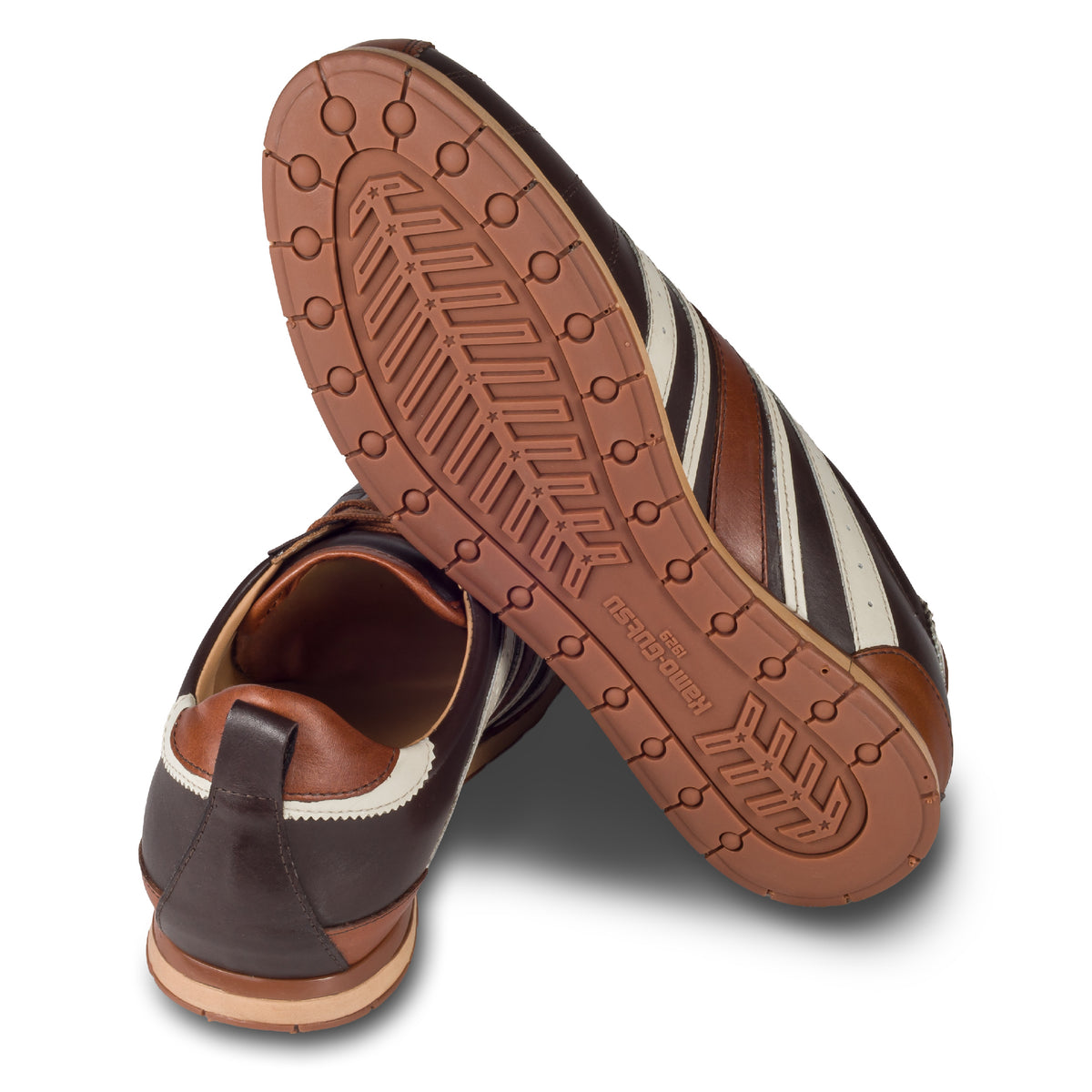 KAMO-GUTSU Herren Sneaker, Kalbsleder, braun/creme-weiß Retro-Optik, Modell TIFO-049 brown tdm -cognac, Ansicht Ferse und Sohle