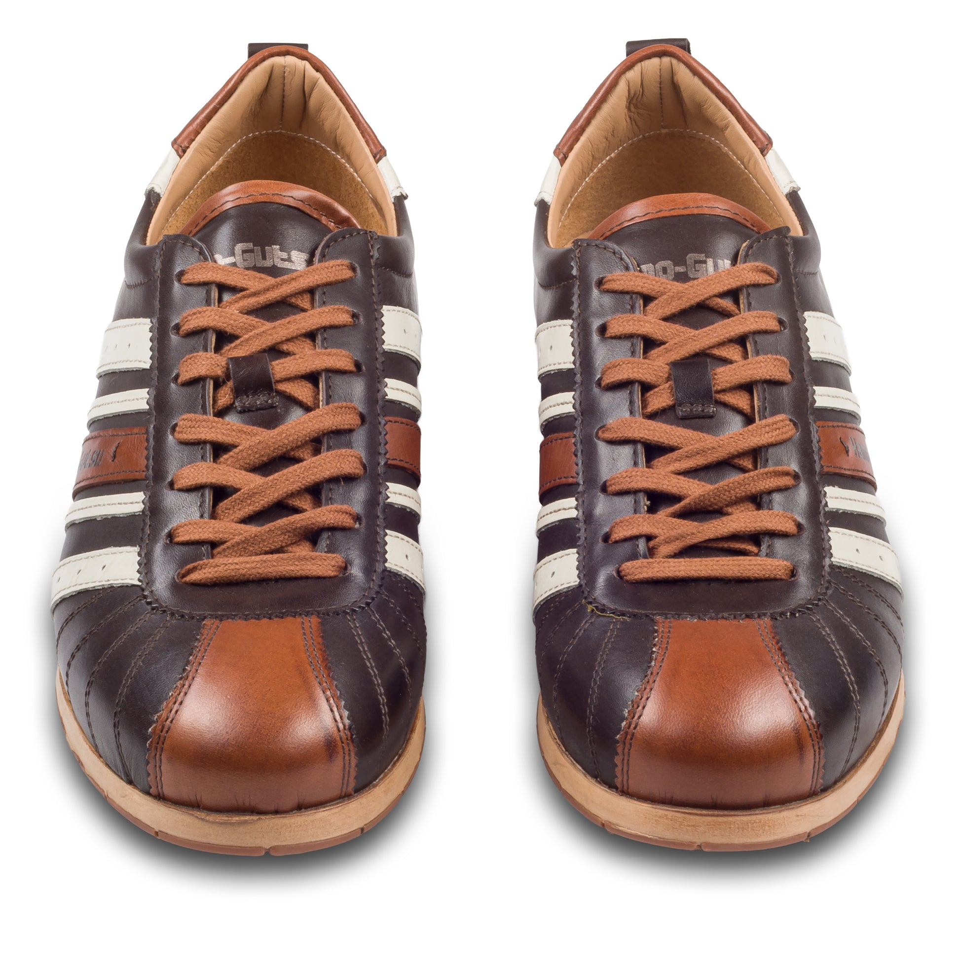 KAMO-GUTSU Herren Sneaker, Kalbsleder, braun/creme-weiß Retro-Optik, Modell TIFO-049 brown tdm -cognac, Ansicht paarweise von vorne