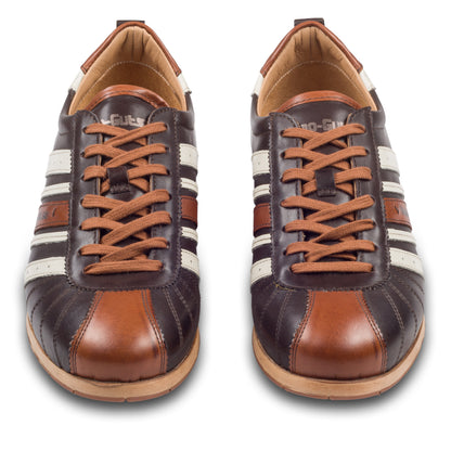 KAMO-GUTSU Herren Sneaker, Kalbsleder, braun/creme-weiß Retro-Optik, Modell TIFO-049 brown tdm -cognac, Ansicht paarweise von vorne