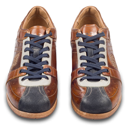 KAMO-GUTSU Herren Sneaker, Kalbsleder, blau-braun Retro-Optik, Modell TIFO-0051 denim-castagno, Ansicht paarweise von vorn
