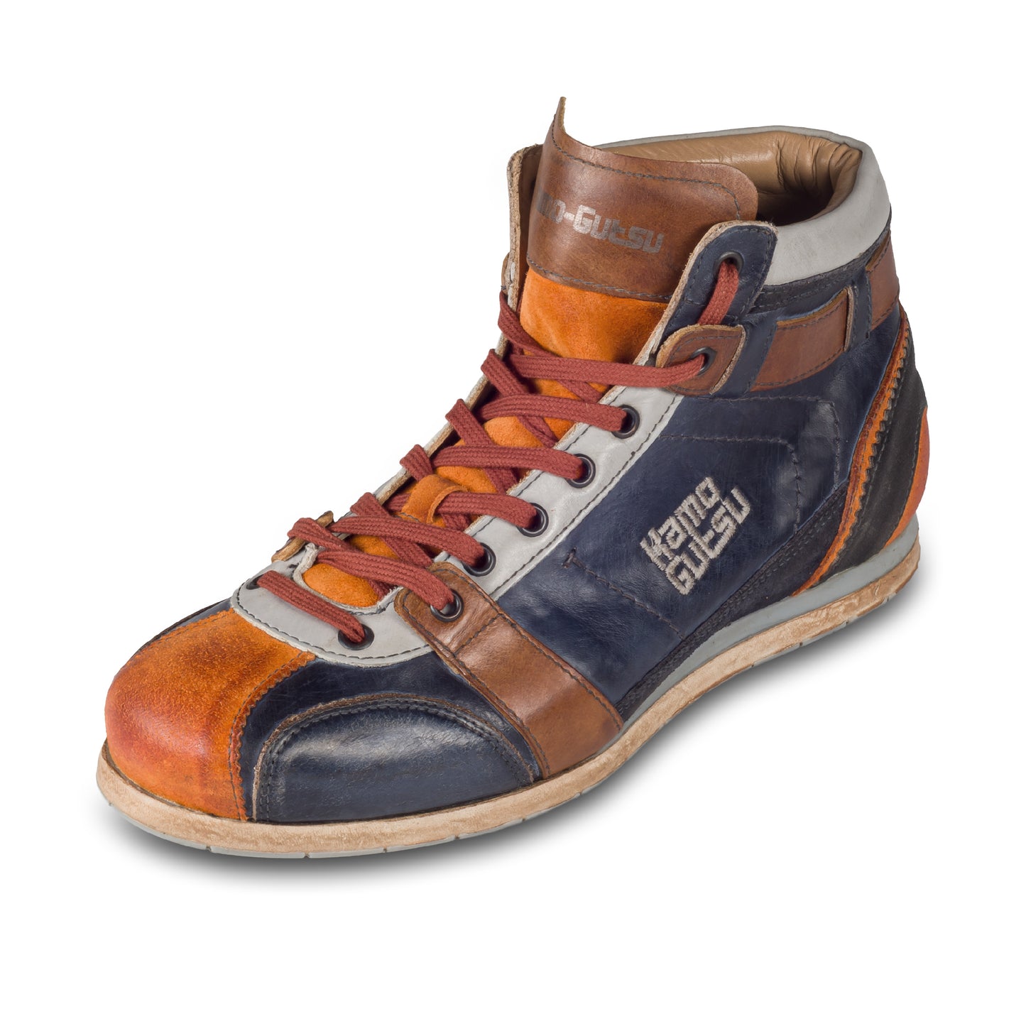 Kamo-Gutsu Sneaker-Stiefel Herren in blau mit orange und braun (TIFO-112 arancio blu). Aus Kalbsleder stonewashed. Handgefertigt Made in Italy. Schräge Ansicht linker Schuh