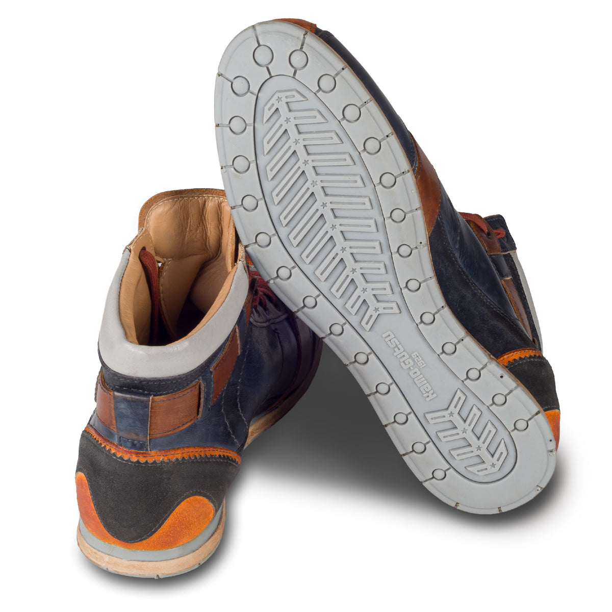 Kamo-Gutsu Sneaker-Stiefel Herren in blau mit orange und braun (TIFO-112 arancio blu). Aus Kalbsleder stonewashed. Handgefertigt Made in Italy. Ansicht Ferse und Sohle