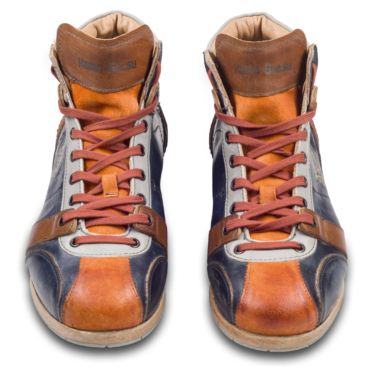 Kamo-Gutsu Sneaker-Stiefel Herren in blau mit orange und braun (TIFO-112 arancio blu). Aus Kalbsleder stonewashed. Handgefertigt Made in Italy. Paarweise Ansicht von vorne