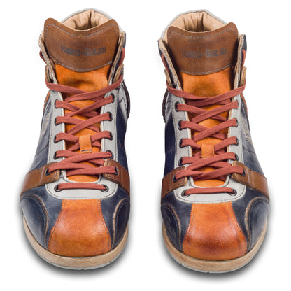 Kamo-Gutsu Sneaker-Stiefel Herren in blau mit orange und braun (TIFO-112 arancio blu). Aus Kalbsleder stonewashed. Handgefertigt Made in Italy. Paarweise Ansicht von vorne