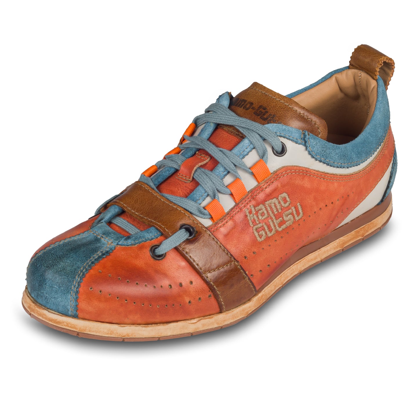 KAMO-GUTSU Herren Sneaker, orange/hellblau, Retro-Style, TIFO-017, schräge Ansicht einzelner Schuh mit türkisen Senkeln