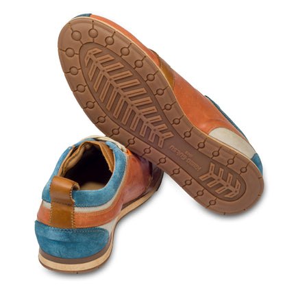 KAMO-GUTSU Herren Sneaker, orange/hellblau, Retro-Style, TIFO-017, Ansicht Ferse und Sohlenunterseite