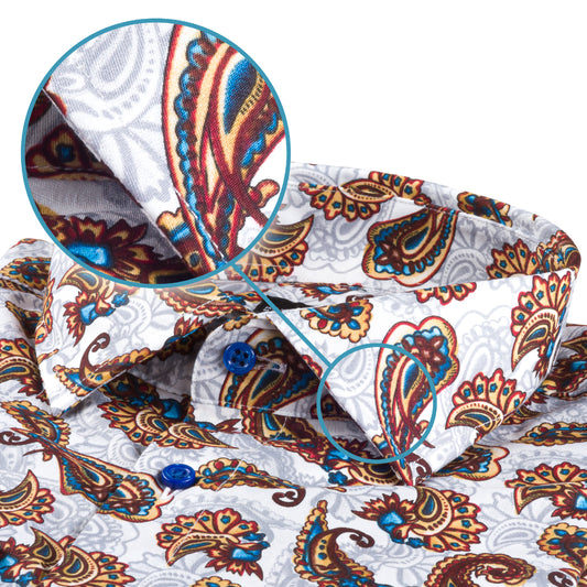 Italienisches Designer Langarm Herren-Hemd von KARL MOMMOO mit Paisley-Muster, weiß mit blau/braun/grau. Aus Baumwolle mit Elasthan in der Modern Fit Passform. Gefertigt in Italien. Detailansicht Kragen und Material bzw. Muster.